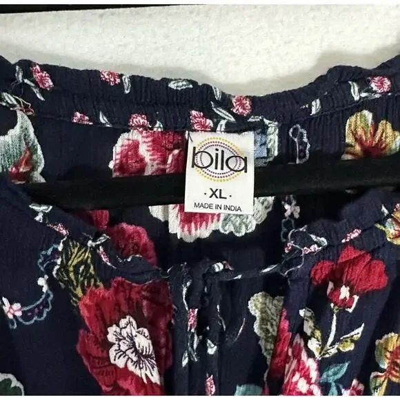 Bila Maxi Dress Women's XL Multi Floral Smocked Waist Tie Front Handkerchief Hem - Picture 2 of 6